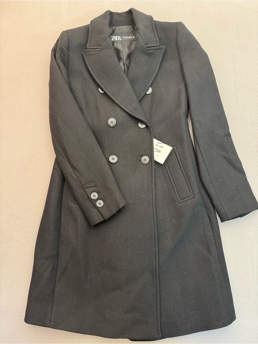 ZARA Black Double-Breasted Pea Coat Wool-blend